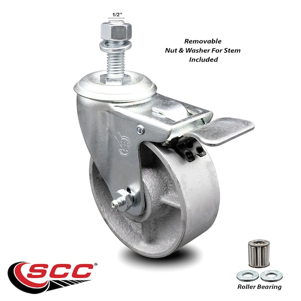 Semi Steel Swivel TS Caster w/Roller Bearing-4" Wheel&1/2" Stem w/Total Lock BRK